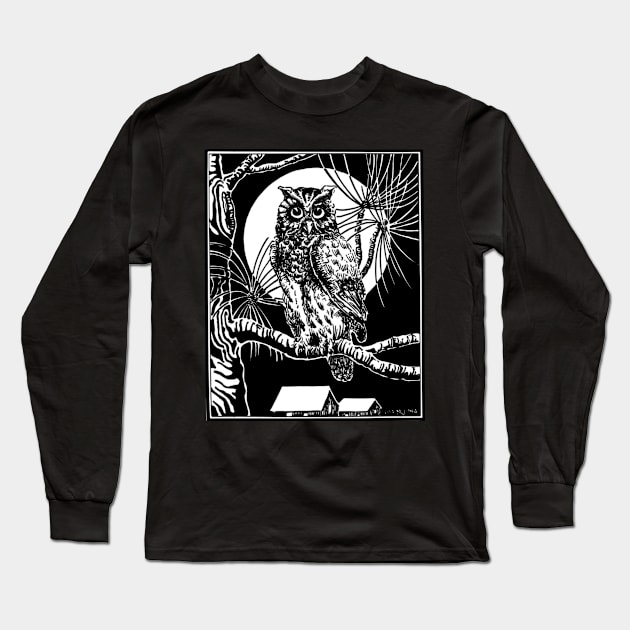 Spooky Vintage Moon & Owl Lover Halloween Illustration Gift Long Sleeve T-Shirt by twizzler3b